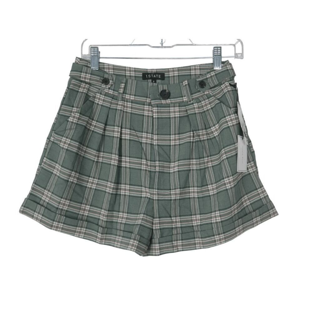 1.STATE Women's Summer Plaid Pleated Rolled-Cuff Shorts 2